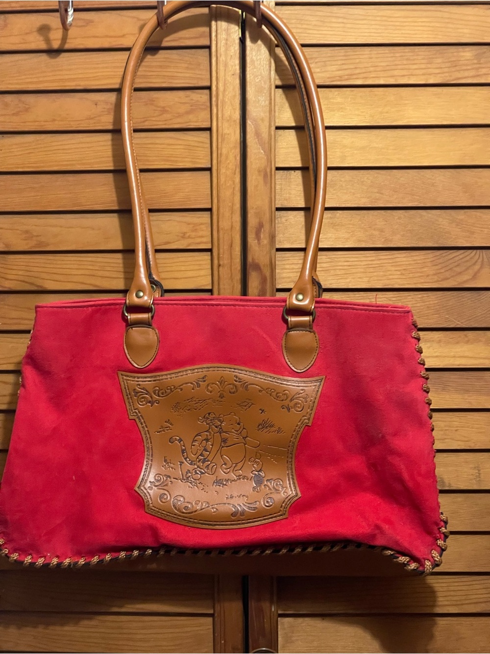 Disney Red Tote with Tan Leather Trim and Embossed Patch
